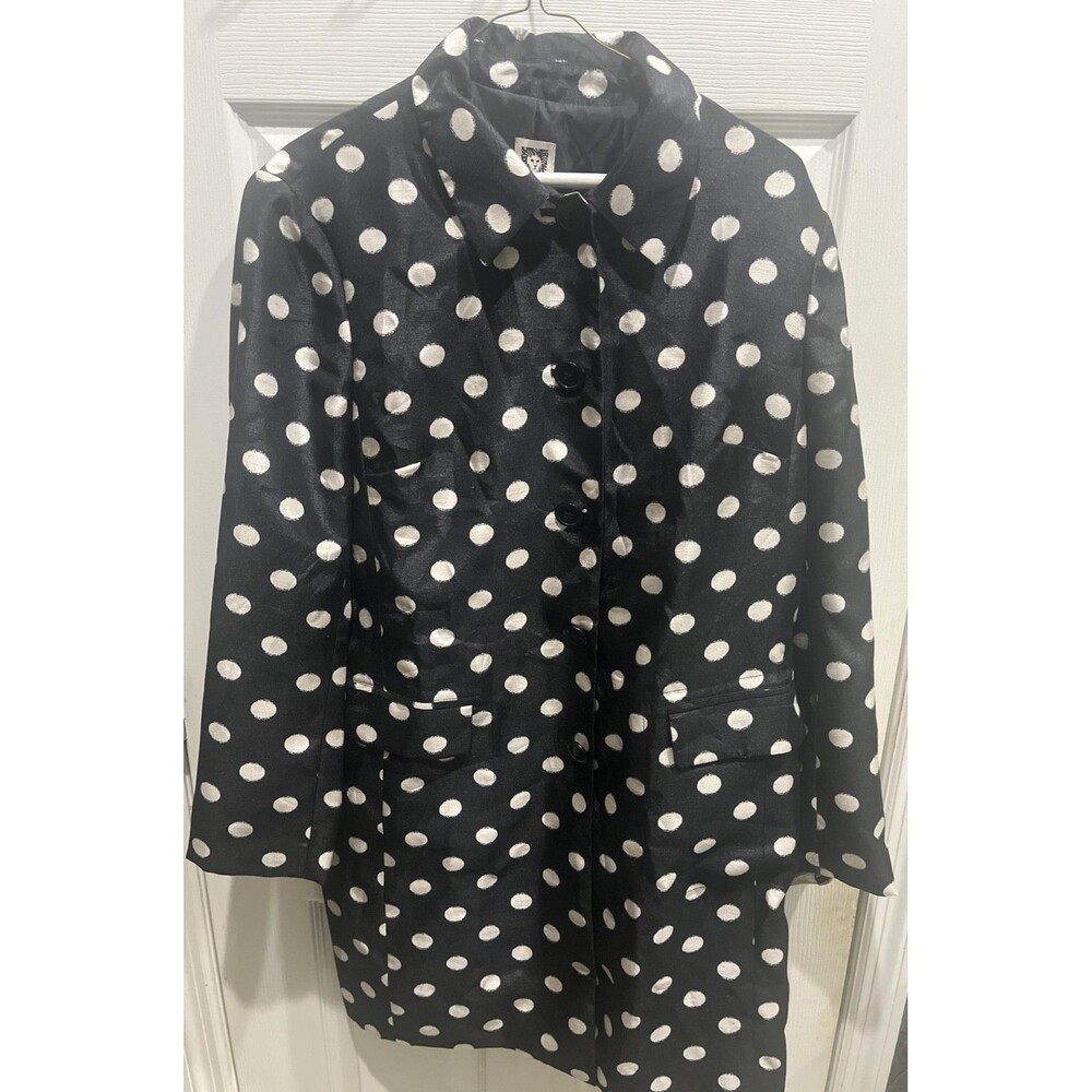 Anne Klein Black/White Polka Dot Lined Jacket Coat Sz L Pockets